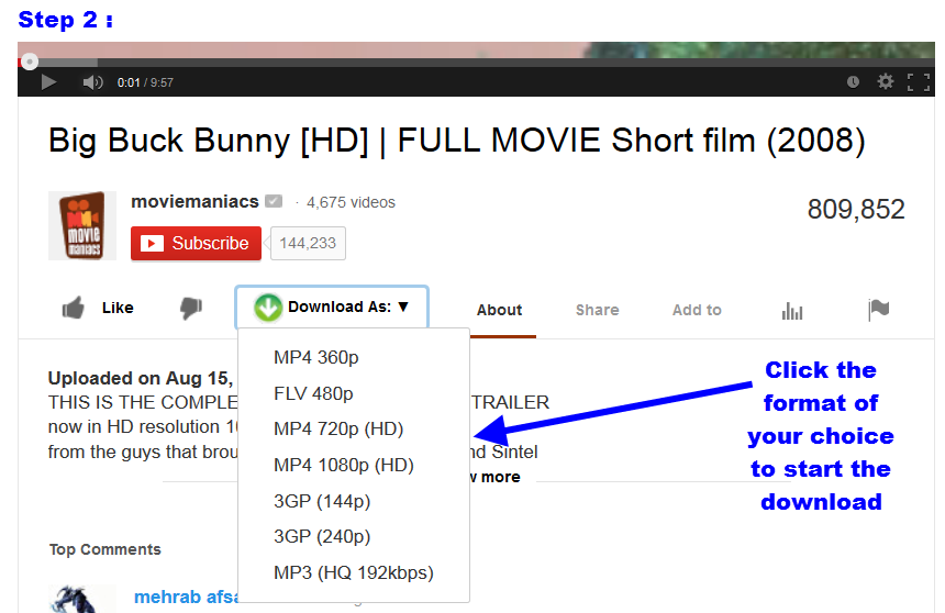Youtube video download format selection menu